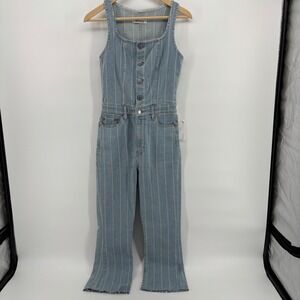 Etica Mill Creek Stripe Jumpsuit Womens S Blue NWT Button Front Raw Hem EW85129